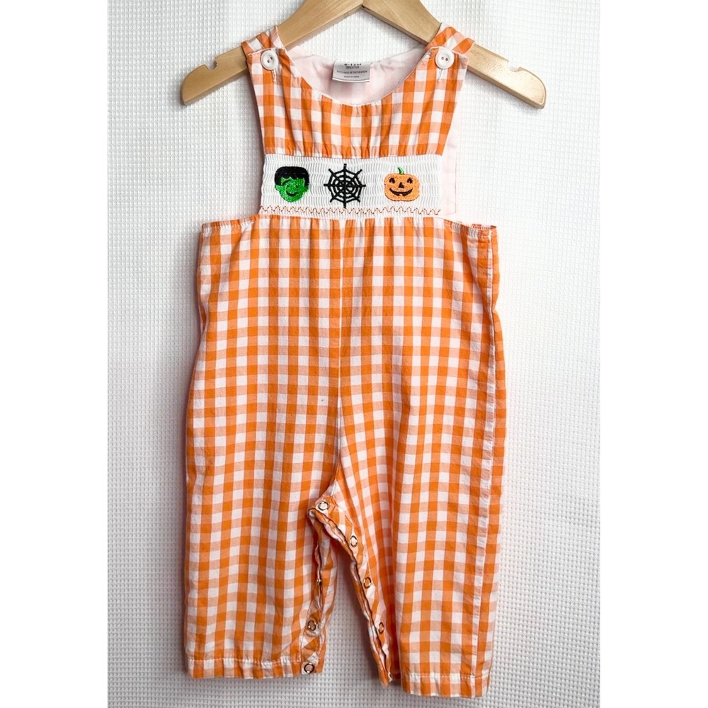 Halloween Smocked Gingham Orange Romper Frankenstein Pumpkin Fall 6-12 Months